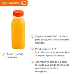 GARRAFA PLÁSTICA PARA SUCO QUADRADA COM TAMPA 500ML